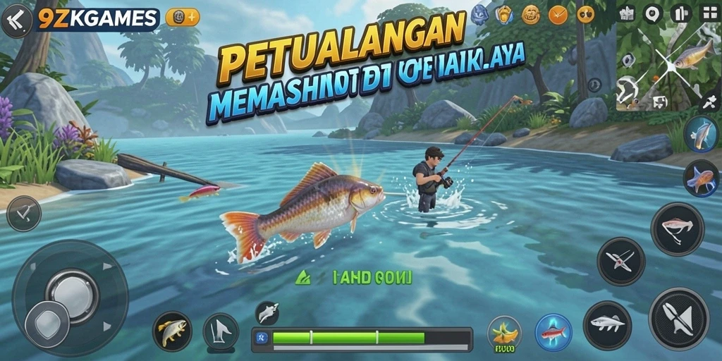 Screenshot gameplay 9ZKGAMES yang menunjukkan aksi memancing yang mendebarkan.