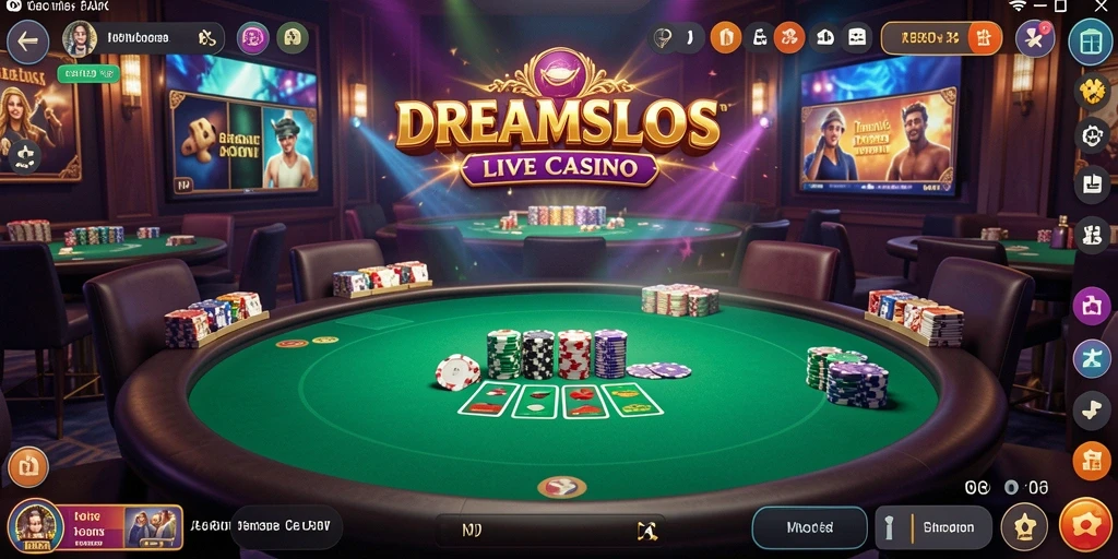 Tangkapan layar gameplay DREAMSLOTS menunjukkan suasana kasino yang meriah dan dealer profesional.
