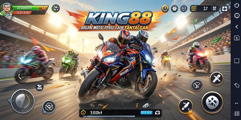 Gameplay KING88 menampilkan balapan motor yang mendebarkan dan aksi seru.