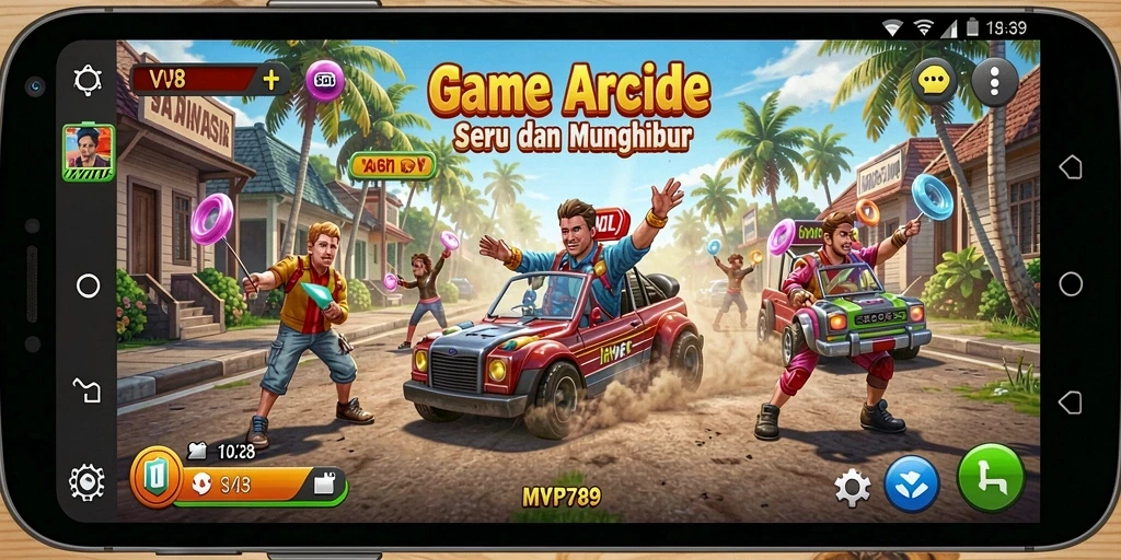 Screenshot utama MVP789 menampilkan gameplay arcade yang mendebarkan dan penuh warna.