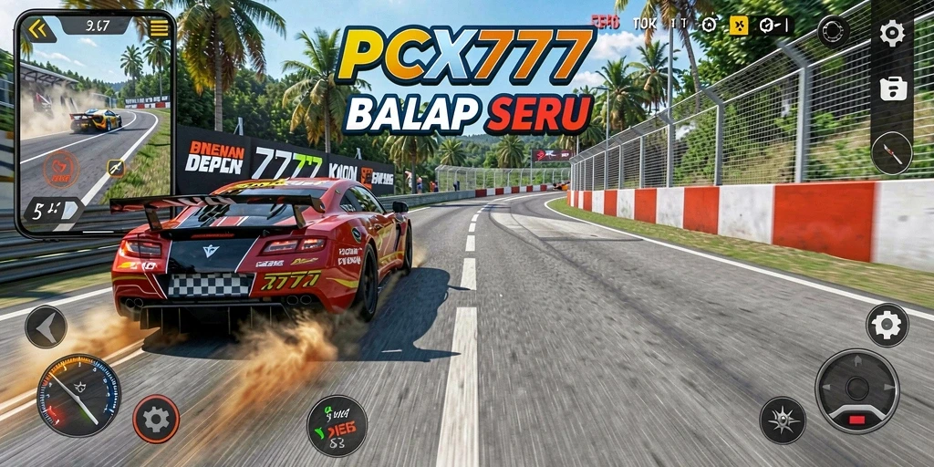 Tangkapan layar gameplay <strong>PCX777</strong> menampilkan mobil balap di lintasan yang penuh aksi.