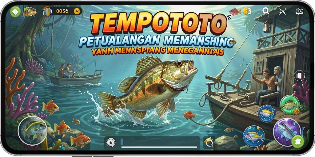 Screenshot dari gameplay TEMPOTOTO yang menunjukkan aksi memancing yang mengasyikkan.